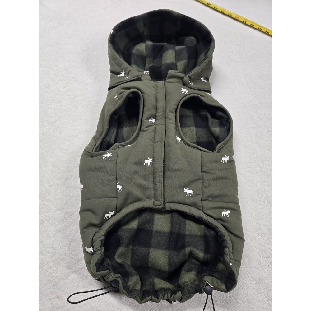 Winter Dog Vest with Hood - Green Moose Pattern,‎ Plaid Fleece Lined, Size XL...
